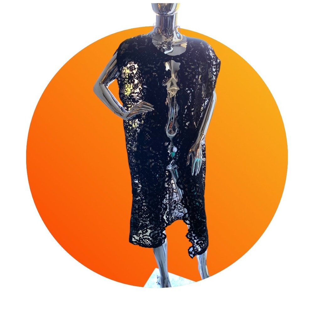 ASHRO Lace Duster Vest Womens 12 Black Sheer Floral Open Front Whimsigoth goth‎